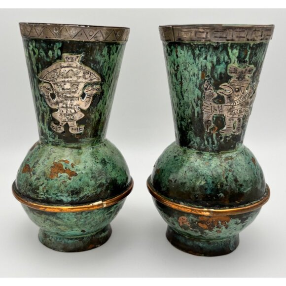 Mexican Mid-Century Silver Inlay Verdigris Vessels Matching pair 5" Tall - Picture 5 of 7